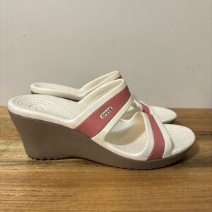 CROCS White and Pinkish/Coral Wedge Sandals | Womens Size 7